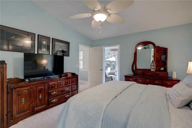 907 Starflower Ave, Sebastian, FL 32958 - bedroom featuring ceiling fan, light carpet, and lofted ceiling