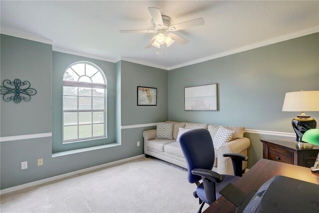 907 Starflower Ave, Sebastian, FL 32958 - office space featuring crown molding, a ceiling fan, baseboards, and carpet