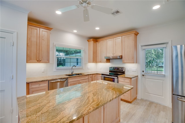 kitchen with plenty of natural light, light brown cabinetry, sink, and appliances with stainless steel finishes