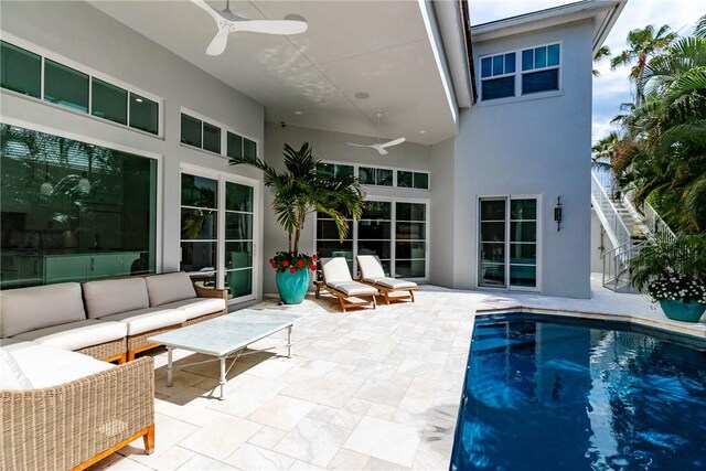 110 Mariner Beach Ln, Vero Beach, FL 32963 - outdoor pool with a ceiling fan, a patio, an outdoor hangout area, and stairway