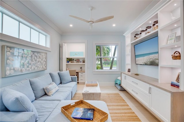 110 Mariner Beach Ln, Vero Beach, FL 32963 - living area featuring a ceiling fan, baseboards, ornamental molding, and recessed lighting