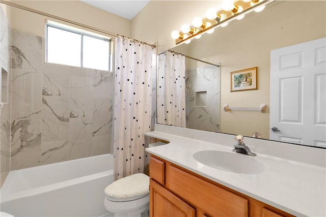 full bathroom featuring toilet, shower / bathtub combination with curtain, and vanity