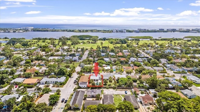 aerial view featuring a water view