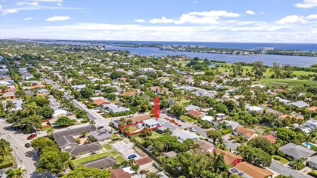 aerial view featuring a water view