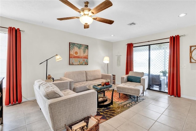 426 12th St SW, Vero Beach, FL 32962 - living area featuring a ceiling fan, light tile patterned floors, baseboards, and recessed lighting
