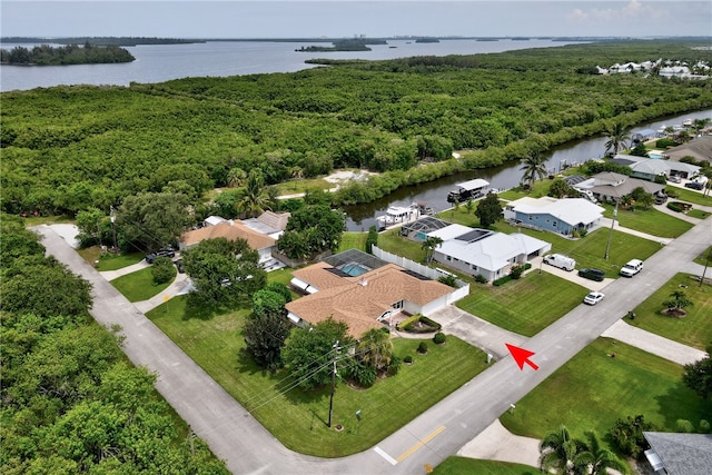 aerial view featuring a water view