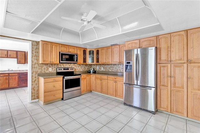 kitchen with stainless steel appliances, ceiling fan, and sink