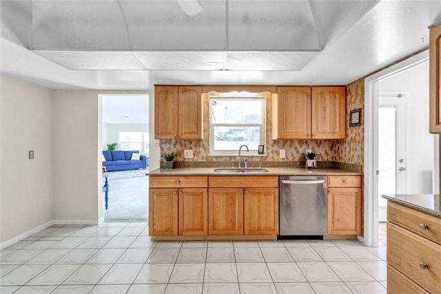 kitchen featuring dishwasher, decorative backsplash, and sink