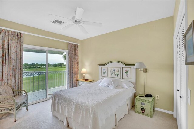 1725 Victoria Cir, Vero Beach, FL 32967 - bedroom featuring a ceiling fan, visible vents, baseboards, access to exterior, and light colored carpet
