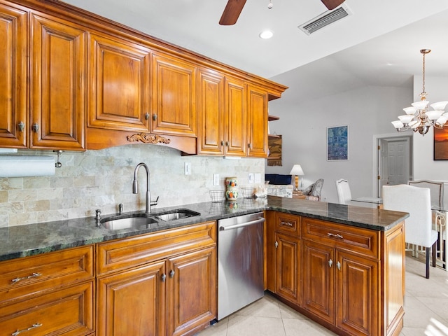 kitchen with dishwasher, ceiling fan with notable chandelier, sink, hanging light fixtures, and kitchen peninsula