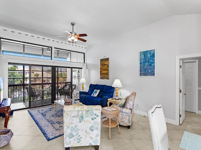 tiled living room featuring high vaulted ceiling and ceiling fan