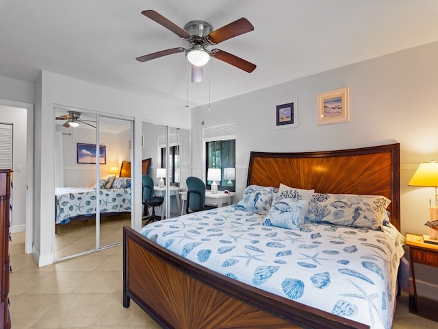 bedroom featuring two closets and ceiling fan