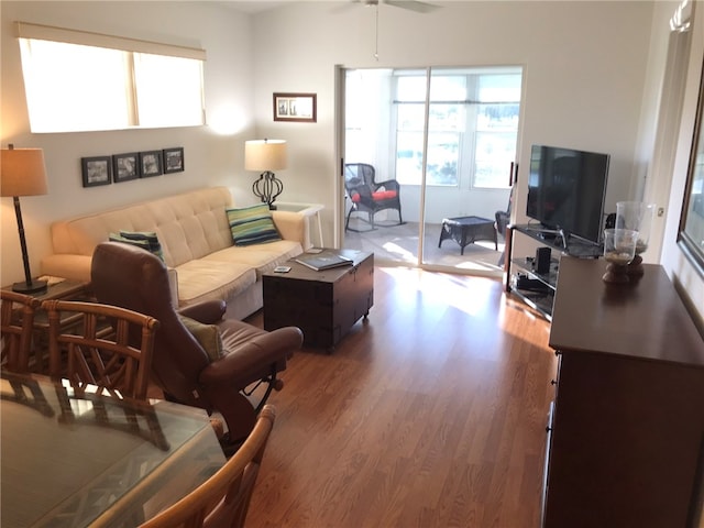 living room featuring hardwood / wood-style flooring and ceiling fan