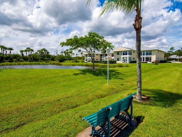 view of property's community featuring a water view and a lawn