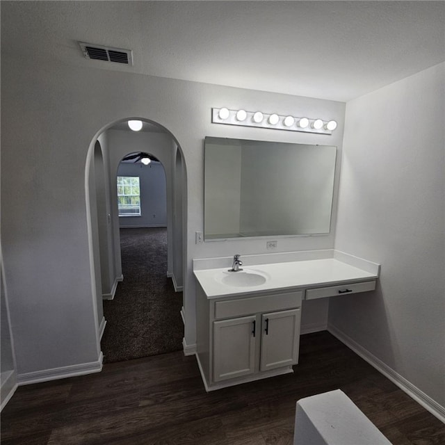 bathroom with vanity and wood-type flooring