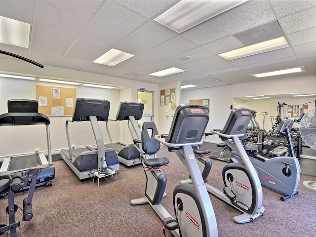 workout area with carpet floors and a paneled ceiling