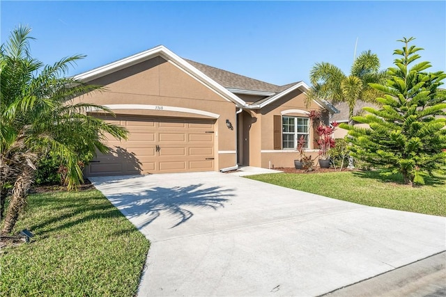 single story home with a front yard and a garage