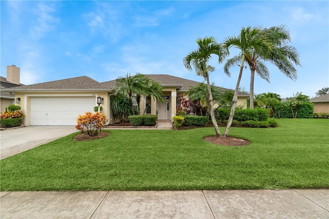 single story home featuring a garage and a front lawn