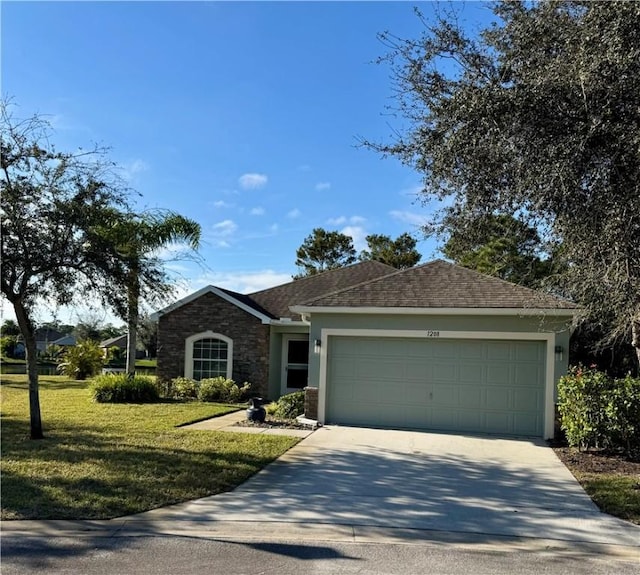 ranch-style home featuring a front lawn and a garage