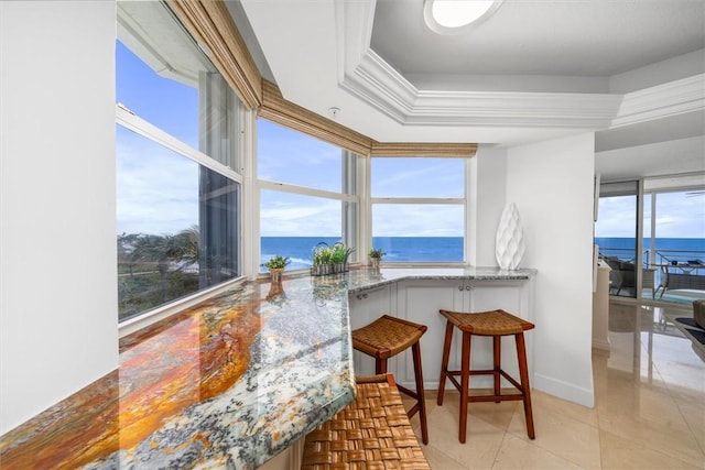 interior space featuring a water view and a tray ceiling