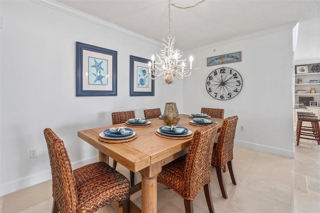 tiled dining space with crown molding and an inviting chandelier