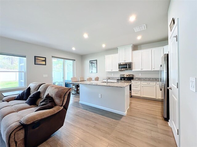 kitchen featuring open floor plan, appliances with stainless steel finishes, a sink, and light wood-style floors