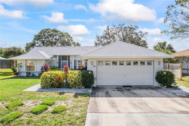 ranch-style home featuring a garage and a front yard