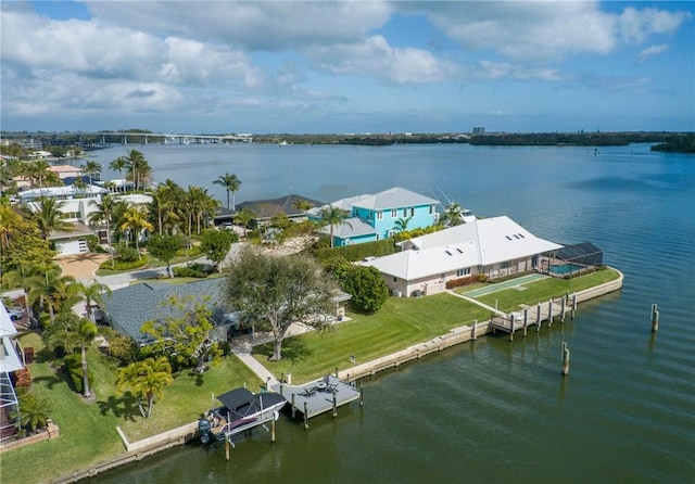 aerial view featuring a water view