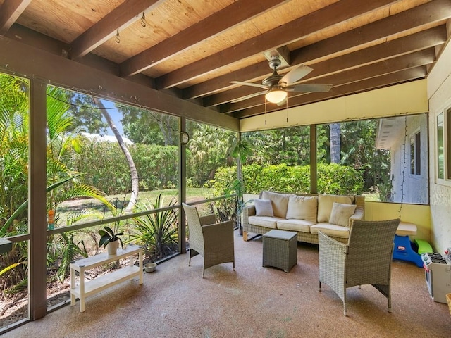 6345 7th Ln, Vero Beach, FL 32968 - sunroom / solarium featuring a ceiling fan, an outdoor living space, beamed ceiling, and healthy amount of natural light