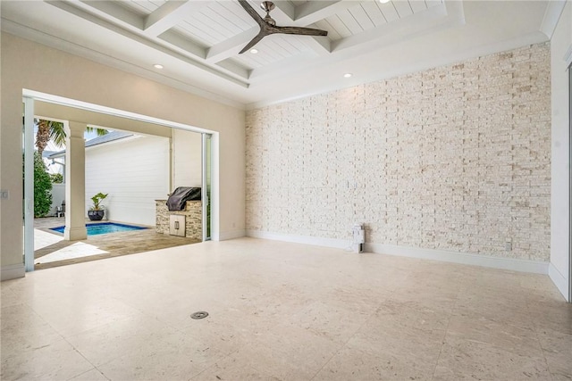 unfurnished room with baseboards, ceiling fan, beamed ceiling, recessed lighting, and coffered ceiling