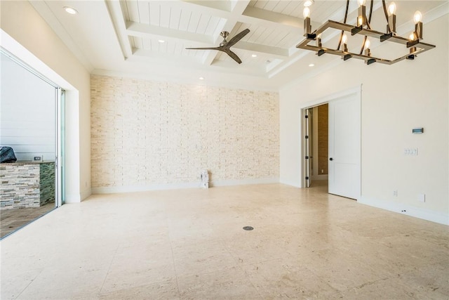 spare room featuring beam ceiling, recessed lighting, a ceiling fan, and coffered ceiling