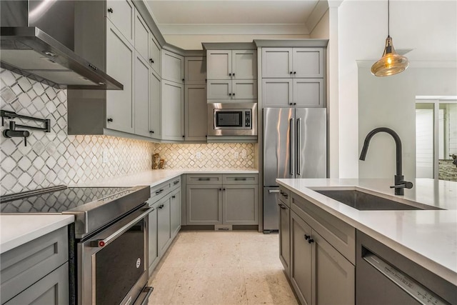 kitchen featuring gray cabinets, stainless steel appliances, wall chimney exhaust hood, and a sink