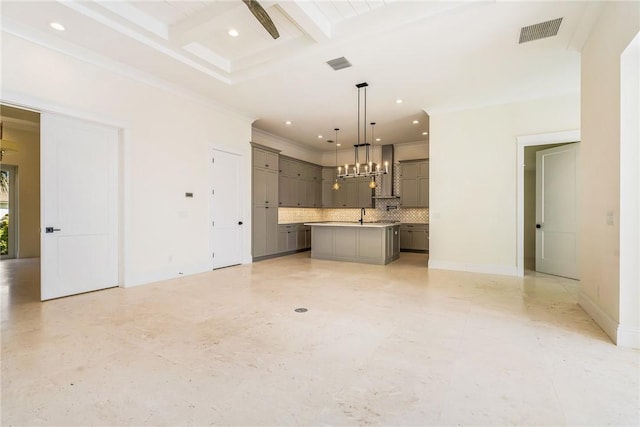 unfurnished living room featuring recessed lighting, visible vents, beamed ceiling, and coffered ceiling