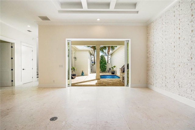 entryway featuring beamed ceiling, baseboards, visible vents, and coffered ceiling