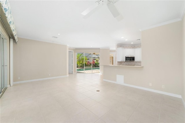 unfurnished living room featuring light tile patterned floors, ornamental molding, and ceiling fan