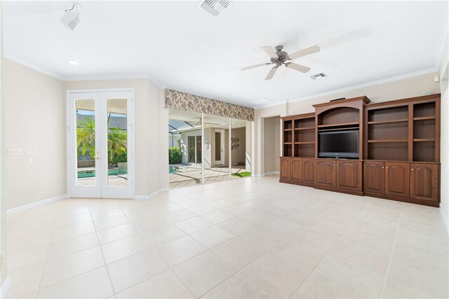 unfurnished living room featuring french doors, ceiling fan, crown molding, and light tile patterned flooring