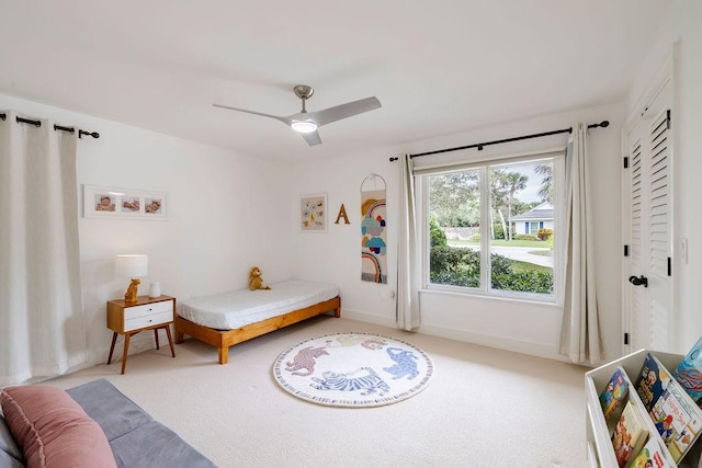 bedroom featuring carpet flooring and ceiling fan