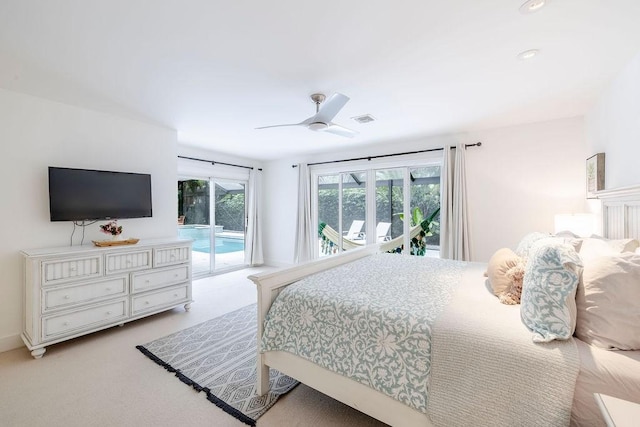 carpeted bedroom featuring access to outside and ceiling fan