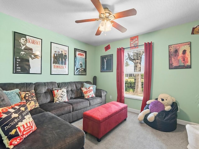 living room with carpet floors and ceiling fan