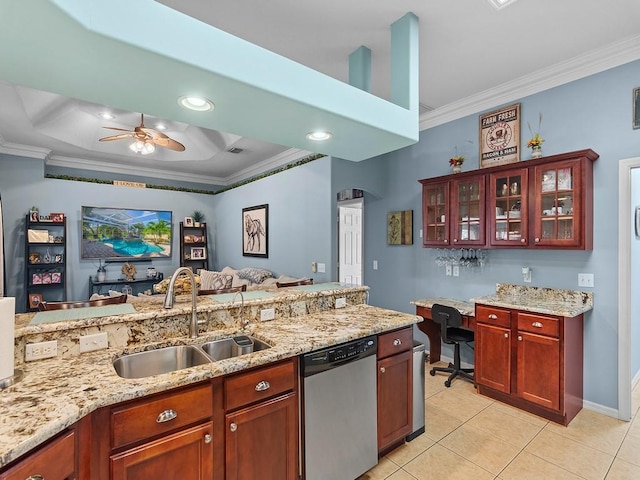 kitchen featuring crown molding, light tile patterned flooring, dishwasher, and sink