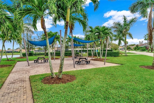 view of community with a lawn and a water view