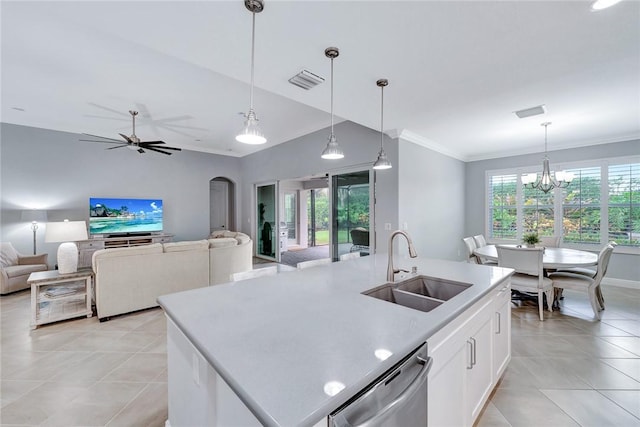 kitchen with white cabinets, dishwasher, a center island with sink, and decorative light fixtures