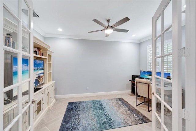 tiled office space featuring ceiling fan, ornamental molding, and french doors