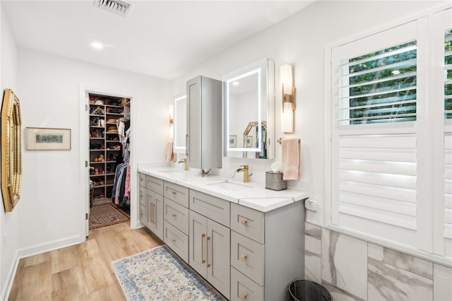 bathroom with vanity and wood-type flooring