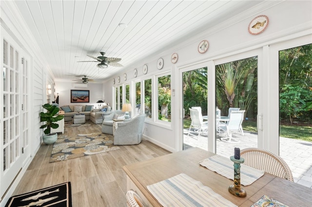 sunroom / solarium featuring ceiling fan and wood ceiling