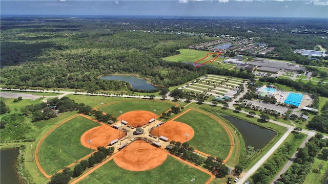 bird's eye view with a water view
