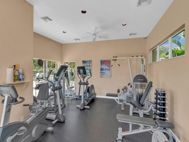 9515 E Maiden Ct, Vero Beach, FL 32963 - exercise room featuring a wealth of natural light, visible vents, and ceiling fan