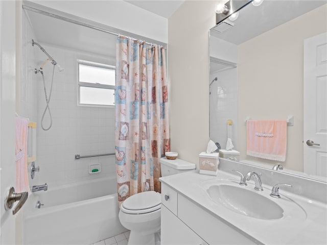 bathroom with tile patterned flooring, toilet, vanity, and shower / bathtub combination with curtain