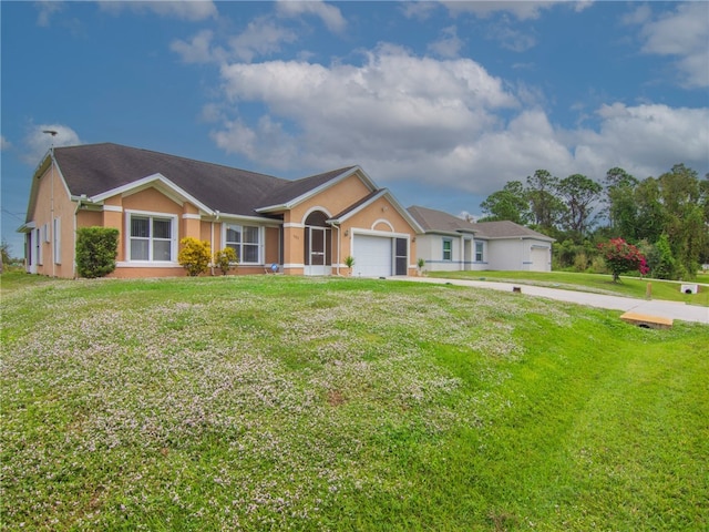 ranch-style house featuring a garage, concrete driveway, a front lawn, and stucco siding