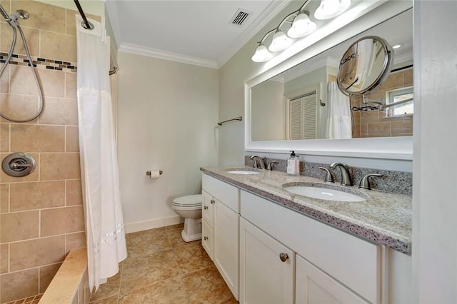 bathroom with a shower with curtain, vanity, toilet, and ornamental molding